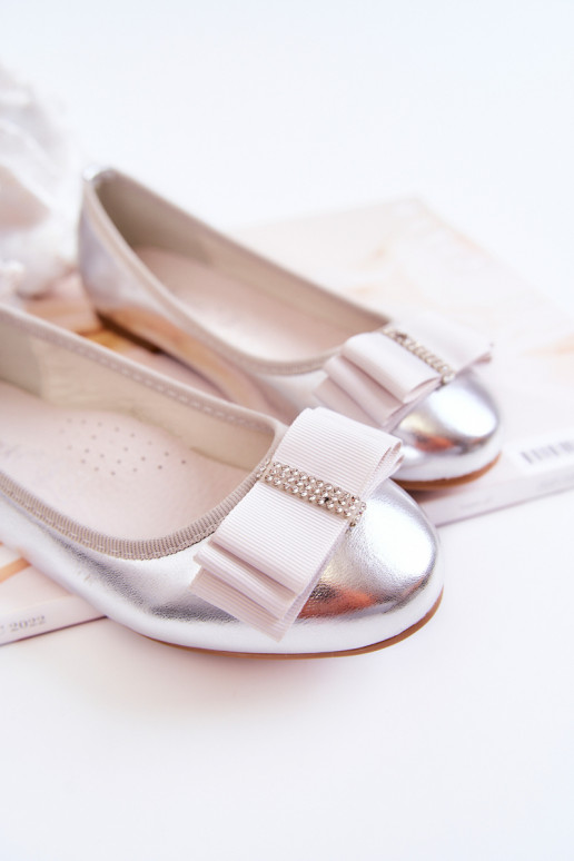 Leather Children's Ballerinas With A Decorative Bow Silver Claril Leather Children's Ballerinas With A Decorative Bow Silver Claril