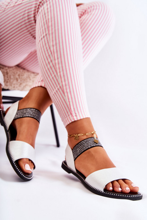 Classic Leather Sandals With Studs Silver Shelly