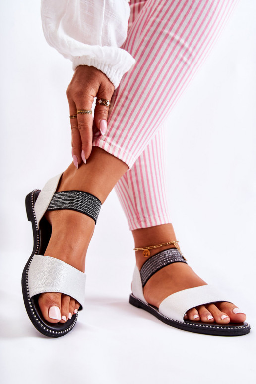 Classic Leather Sandals With Studs Silver Shelly