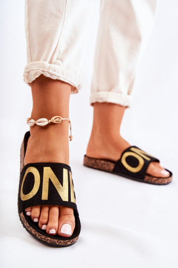 Classic Slip-On Slippers With Inscription Black and Gold Bahari 2