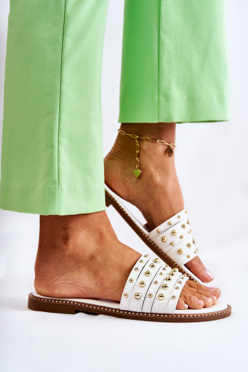 Women's Leather Slippers With Decoration White Brien