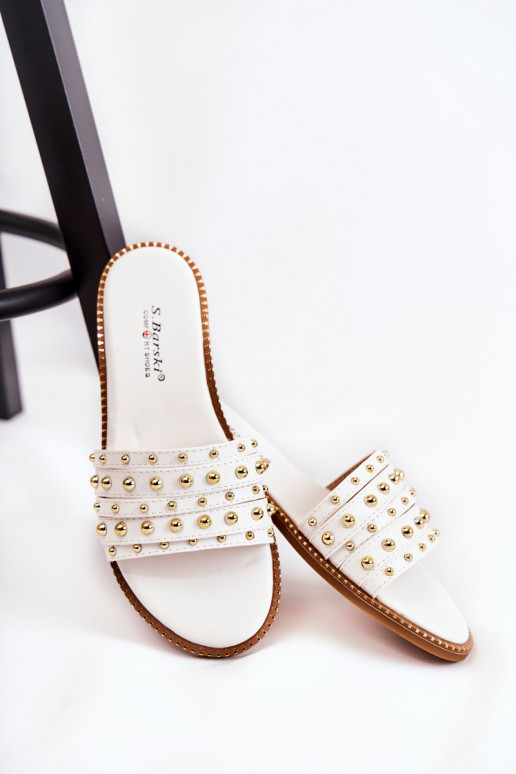 Women's Leather Slippers With Decoration White Brien Women's Leather Slippers With Decoration White Brien