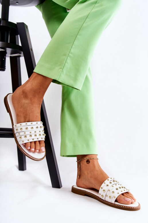 Women's Leather Slippers With Decoration White Brien Women's Leather Slippers With Decoration White Brien