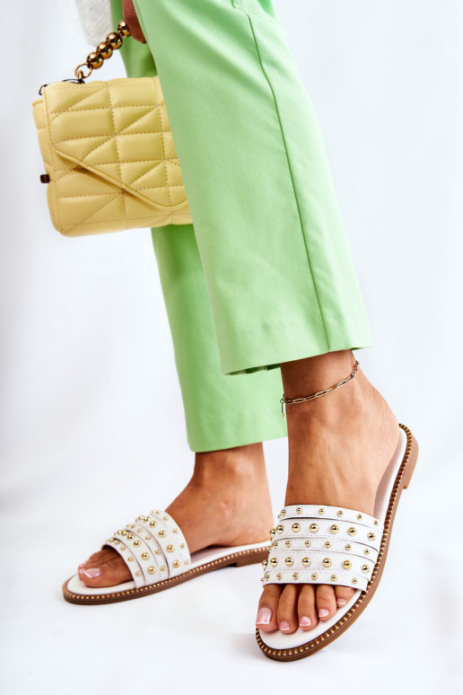 Women's Leather Slippers With Decoration White Brien Women's Leather Slippers With Decoration White Brien