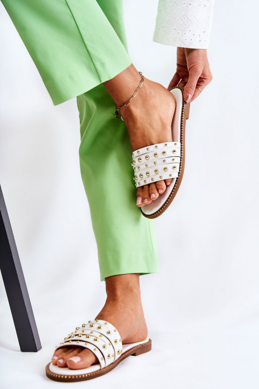 Women's Leather Slippers With Decoration White Brien Women's Leather Slippers With Decoration White Brien