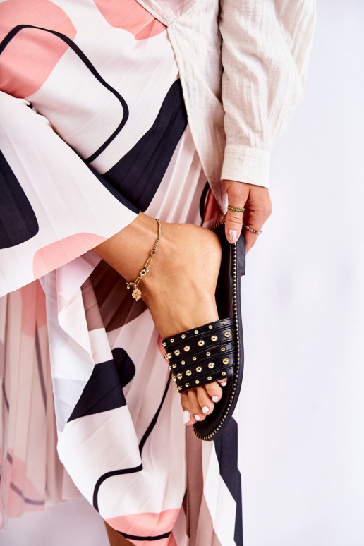 Women's Leather Slippers With Decoration Black Brien Women's Leather Slippers With Decoration Black Brien