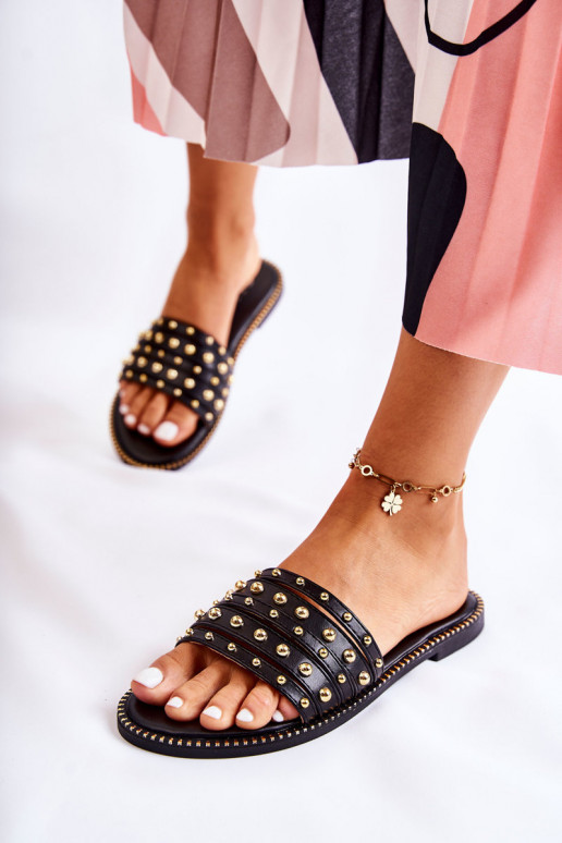 Women's Leather Slippers With Decoration Black Brien Women's Leather Slippers With Decoration Black Brien