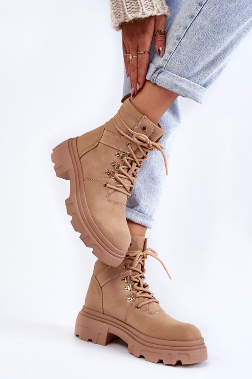 Leather Warm Lace-up Boots Beige Merisha Leather Warm Lace-up Boots Beige Merisha