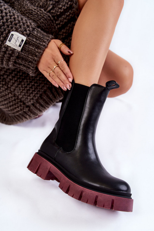 Women's Worker Boots On The Platform Black and burgundy Aliana Women's Worker Boots On The Platform Black and burgundy Aliana