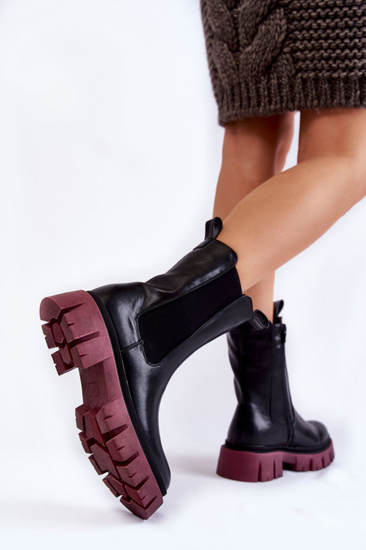 Women's Worker Boots On The Platform Black and burgundy Aliana Women's Worker Boots On The Platform Black and burgundy Aliana