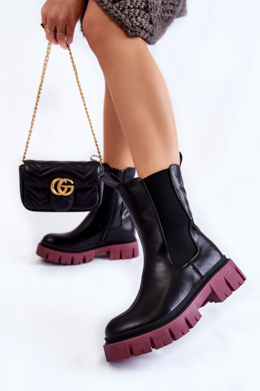 Women's Worker Boots On The Platform Black and burgundy Aliana Women's Worker Boots On The Platform Black and burgundy Aliana