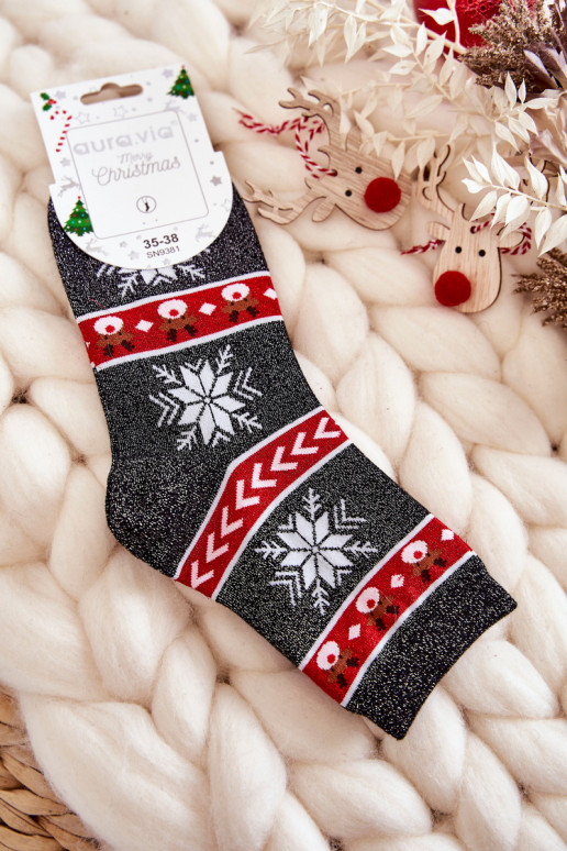Women's Christmas Socks Shiny Reindeer Black and Red
