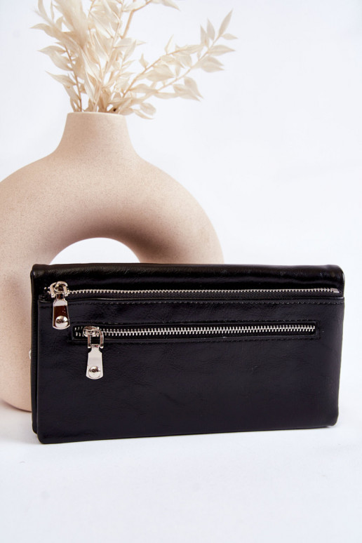 Women's Large Leather Wallet With A Zipper Black Shiness