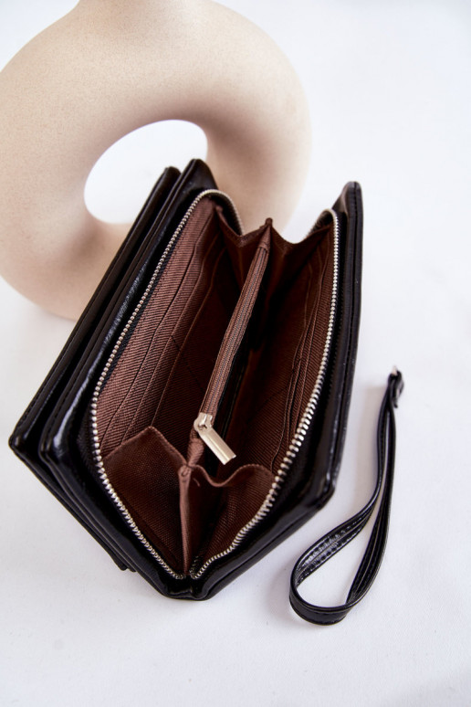 Women's Large Leather Wallet With A Zipper Black Shiness