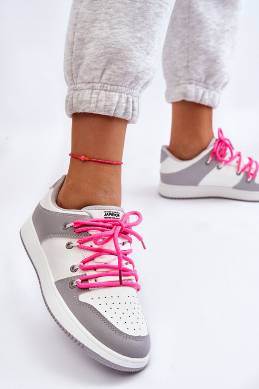 Women's Classic Double Lace Up Trainers White-Grey Jella Women's Classic Double Lace Up Trainers White-Grey Jella