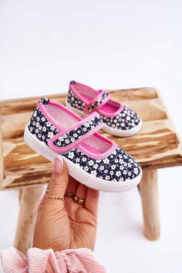 Children's Velcro Ballerinas In Print Navy Blue And Pink Selah 2
