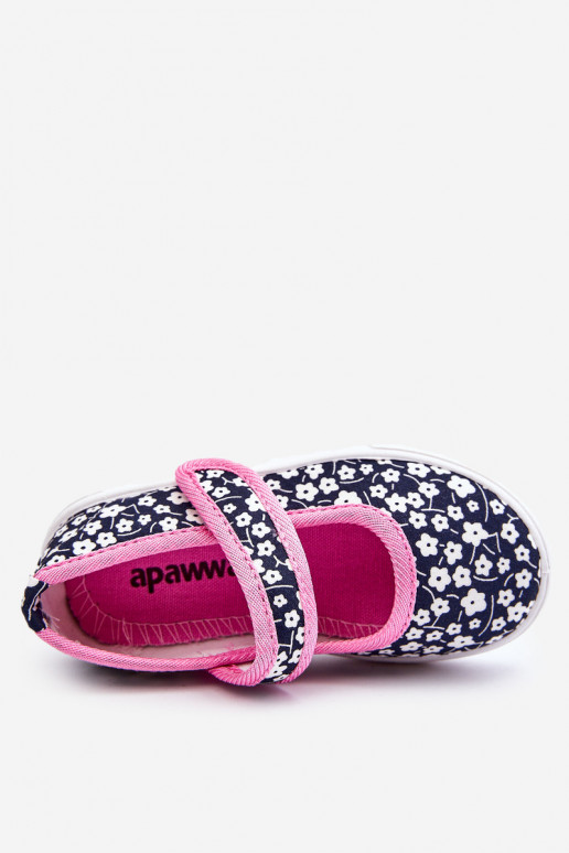 Children's Velcro Ballerinas In Print Navy Blue And Pink Selah Children's Velcro Ballerinas In Print Navy Blue And Pink Selah