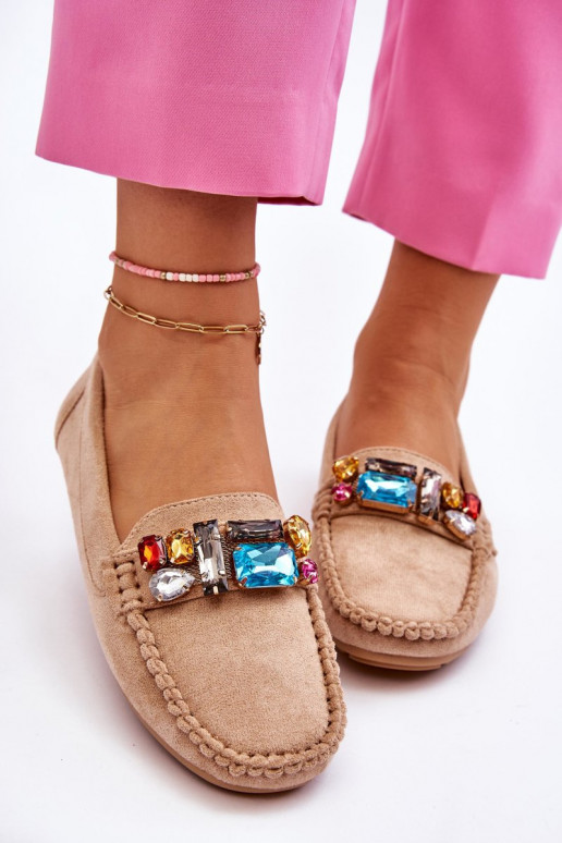 Women's Suede Loafers With Crystals Beige Lucille