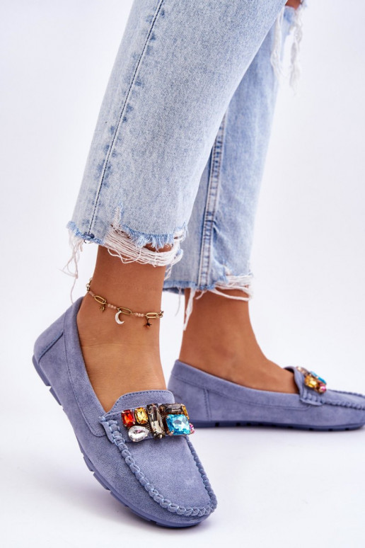 Women's Suede Loafers With Crystals Blue Lucille