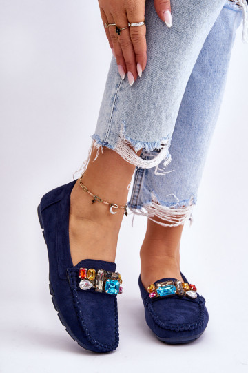 Women's Suede Loafers With Crystals navy blue Lucille 2