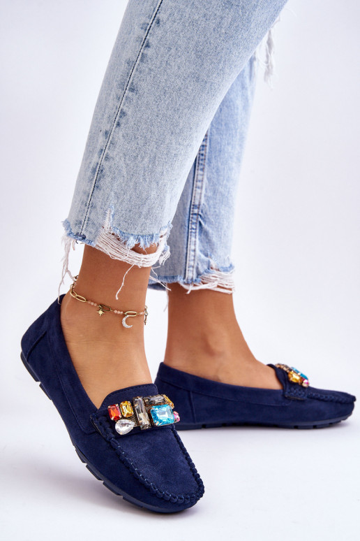 Women's Suede Loafers With Crystals navy blue Lucille Women's Suede Loafers With Crystals navy blue Lucille