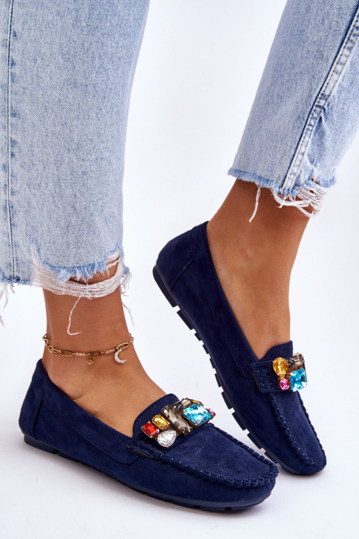 Women's Suede Loafers With Crystals navy blue Lucille Women's Suede Loafers With Crystals navy blue Lucille