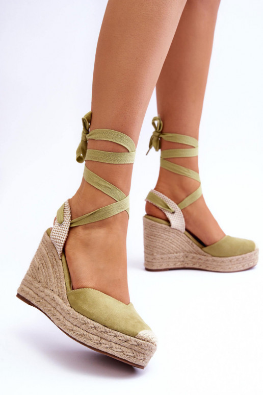 Tied Sandals On A High Wedge Green Lendy Tied Sandals On A High Wedge Green Lendy
