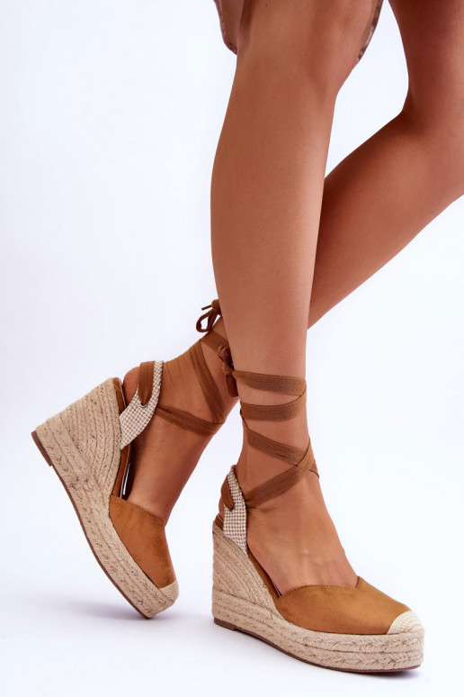 Tied Sandals On A High Wedge Camel Lendy Tied Sandals On A High Wedge Camel Lendy