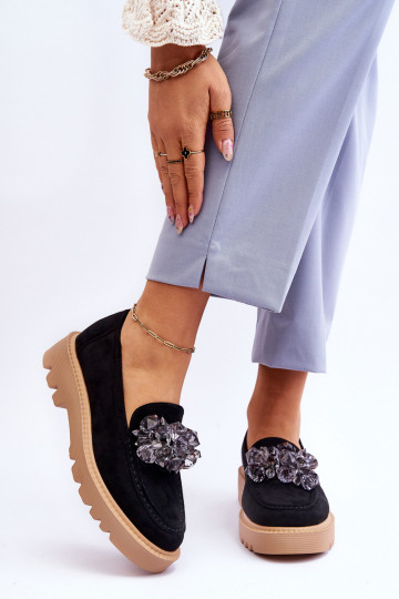 Fashionable suede moccasins with crystals Black Demeris