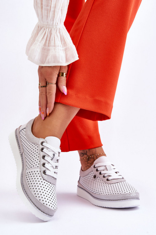 Fashionable Leather Openwork Sports Shoes White-Silver Cantare