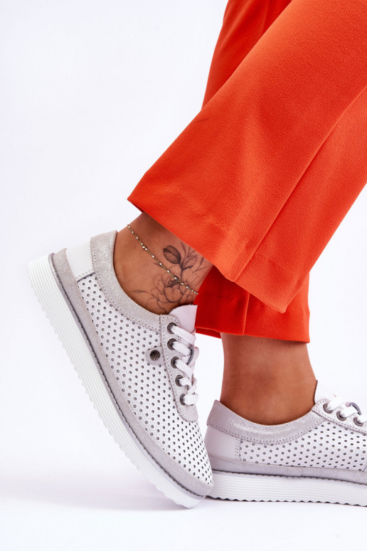 Fashionable Leather Openwork Sports Shoes White-Silver Cantare