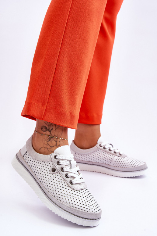 Fashionable Leather Openwork Sports Shoes White-Silver Cantare