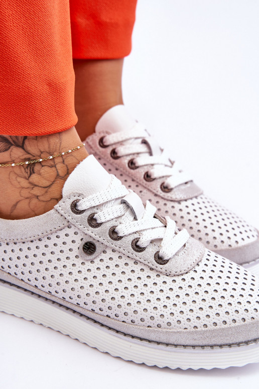 Fashionable Leather Openwork Sports Shoes White-Silver Cantare