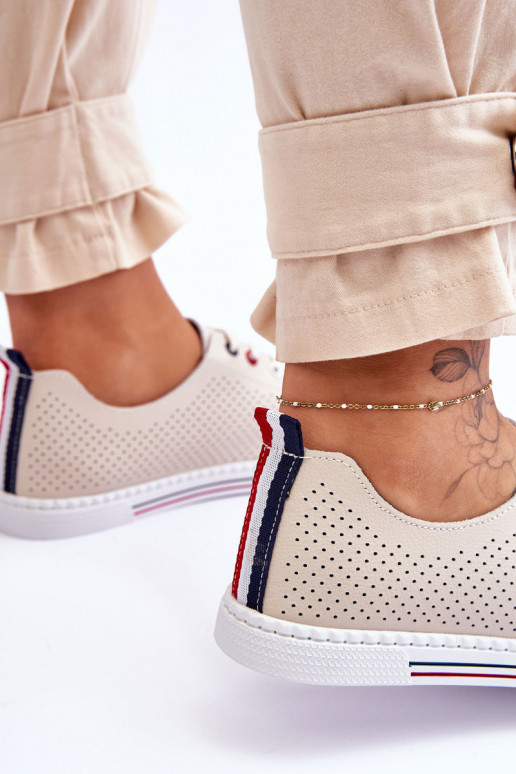 Women's Openwork Leather Sneakers Beige Ferone