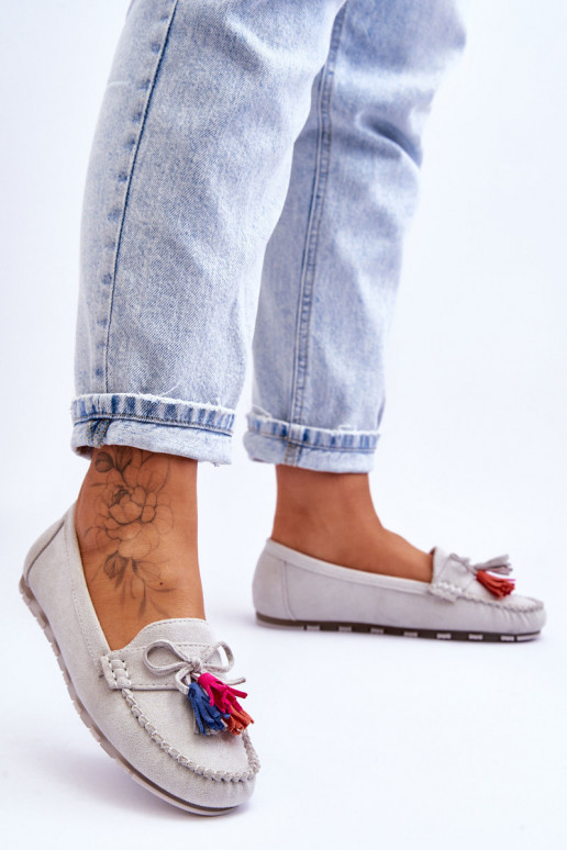 Suede Loafers With Bow And Fringes Gray Dorine Suede Loafers With Bow And Fringes Gray Dorine