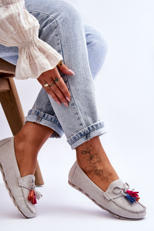 Suede Loafers With Bow And Fringes Gray Dorine Suede Loafers With Bow And Fringes Gray Dorine