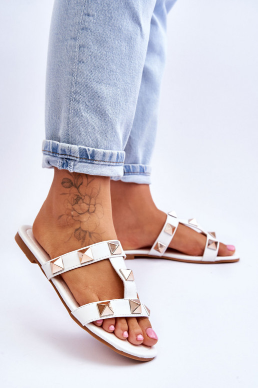 Women's Slippers With Large Studs White Mercure Women's Slippers With Large Studs White Mercure