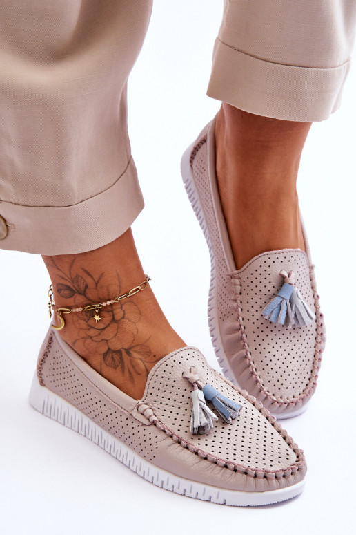 Women's Openwork Leather Loafers Light Pink Lanzarot