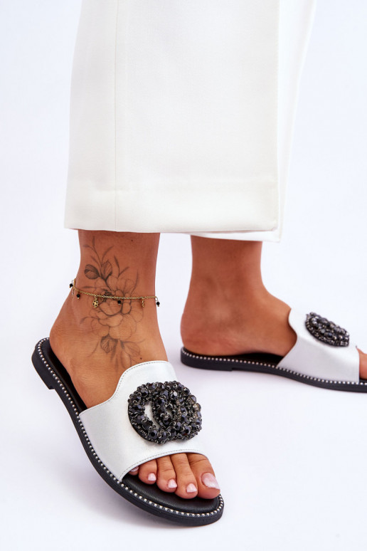 Women's Flat Slippers With Ornaments S.Barski KV-520-3 Silver Women's Flat Slippers With Ornaments S.Barski KV-520-3 Silver