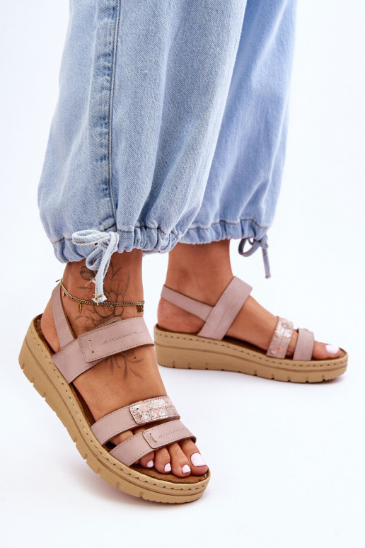 Women's Leather Sandals With Velcro Pink Fresh Look Women's Leather Sandals With Velcro Pink Fresh Look