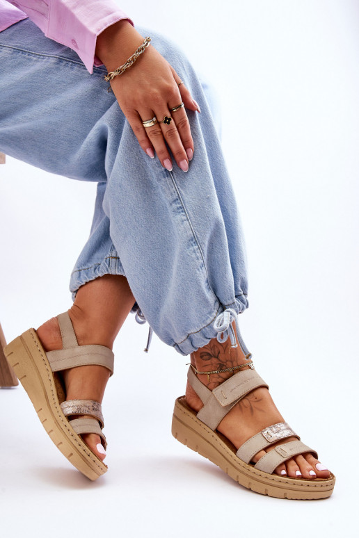 Women's Leather Sandals With Velcro Beige Fresh Look
