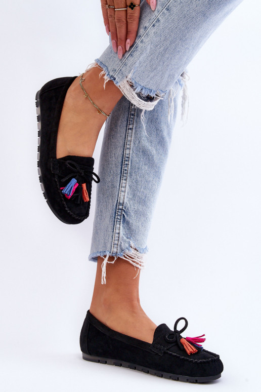 Suede Loafers With Bow And Fringes Black Dorine Suede Loafers With Bow And Fringes Black Dorine