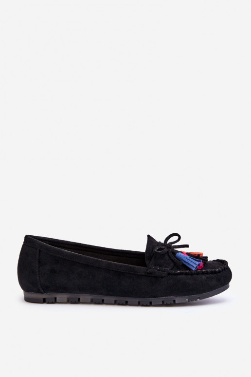 Suede Loafers With Bow And Fringes Black Dorine Suede Loafers With Bow And Fringes Black Dorine