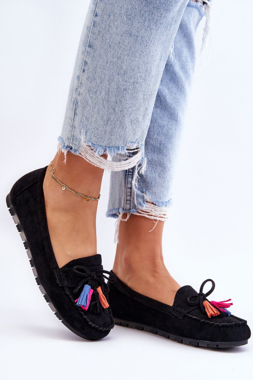 Suede Loafers With Bow And Fringes Black Dorine Suede Loafers With Bow And Fringes Black Dorine