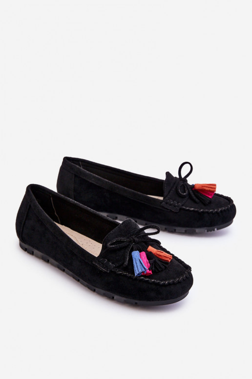 Suede Loafers With Bow And Fringes Black Dorine Suede Loafers With Bow And Fringes Black Dorine