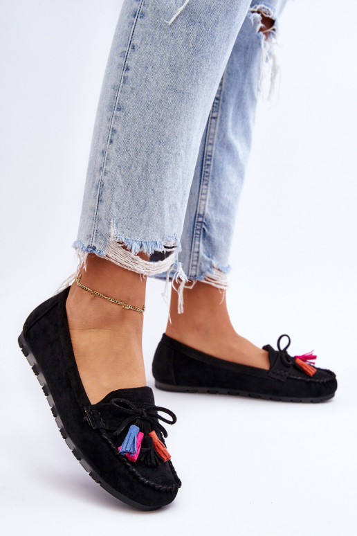 Suede Loafers With Bow And Fringes Black Dorine Suede Loafers With Bow And Fringes Black Dorine