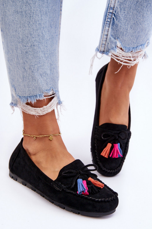 Suede Loafers With Bow And Fringes Black Dorine Suede Loafers With Bow And Fringes Black Dorine