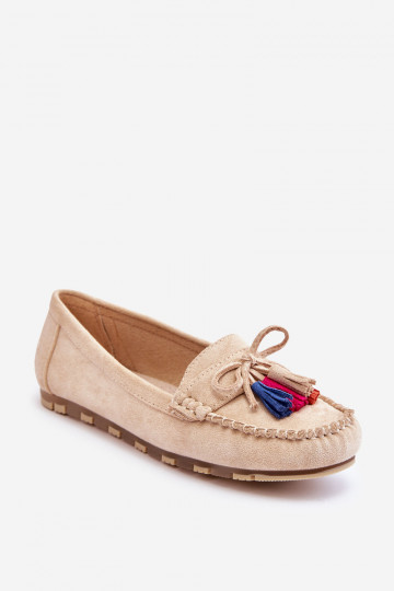 Suede Loafers With Bow And Fringes Beige Dorine