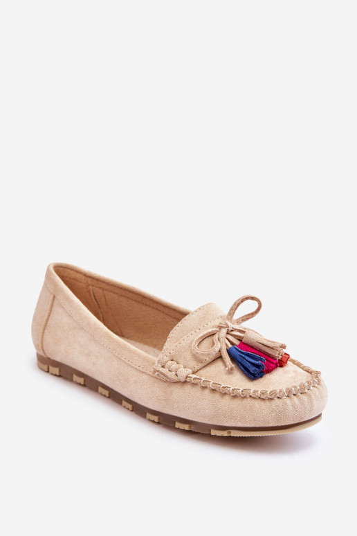 Suede Loafers With Bow And Fringes Beige Dorine Suede Loafers With Bow And Fringes Beige Dorine