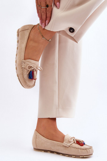 Suede Loafers With Bow And Fringes Beige Dorine 2